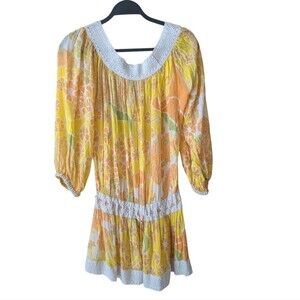 Poupette St. Barth Floral Crochet Off The Shoulder Long Sleeve Mini Dress Size 2